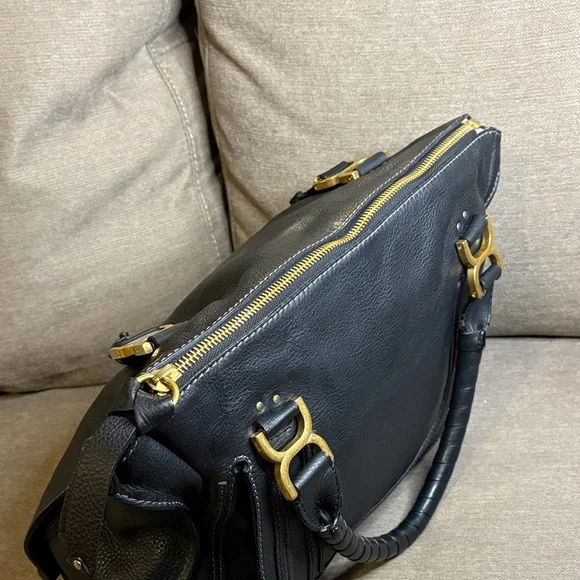 Chloe Marcie Black Leather Satchel with Gold Accents - Picture 10 of 12